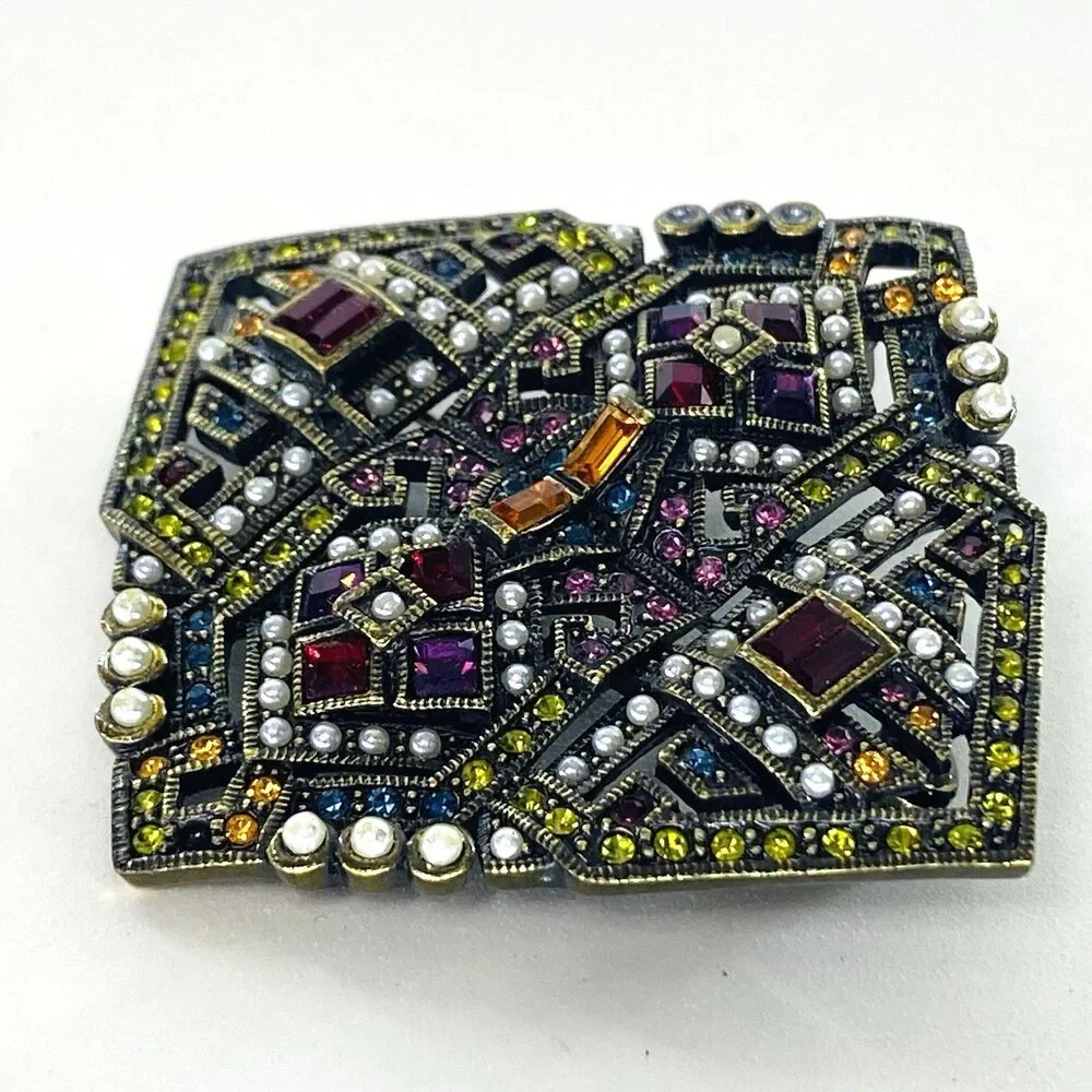Heidi Daus Art Deco Style Colorful Rhinestone Faux Pearl Brooch Pendant Pin - Picture 2 of 12